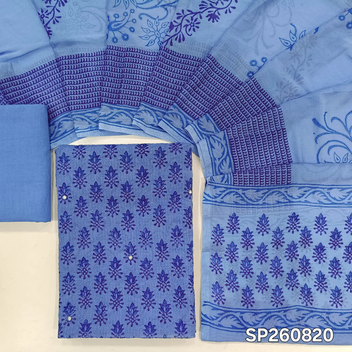 Blue premim kota unstitched salwar material, hand block prints and embroidery, faux mirror on front (hin, Lining Needed)matching drum dyed cotton lining, NO BOTTOM, hand block printed chiffon dupatta. SP260820