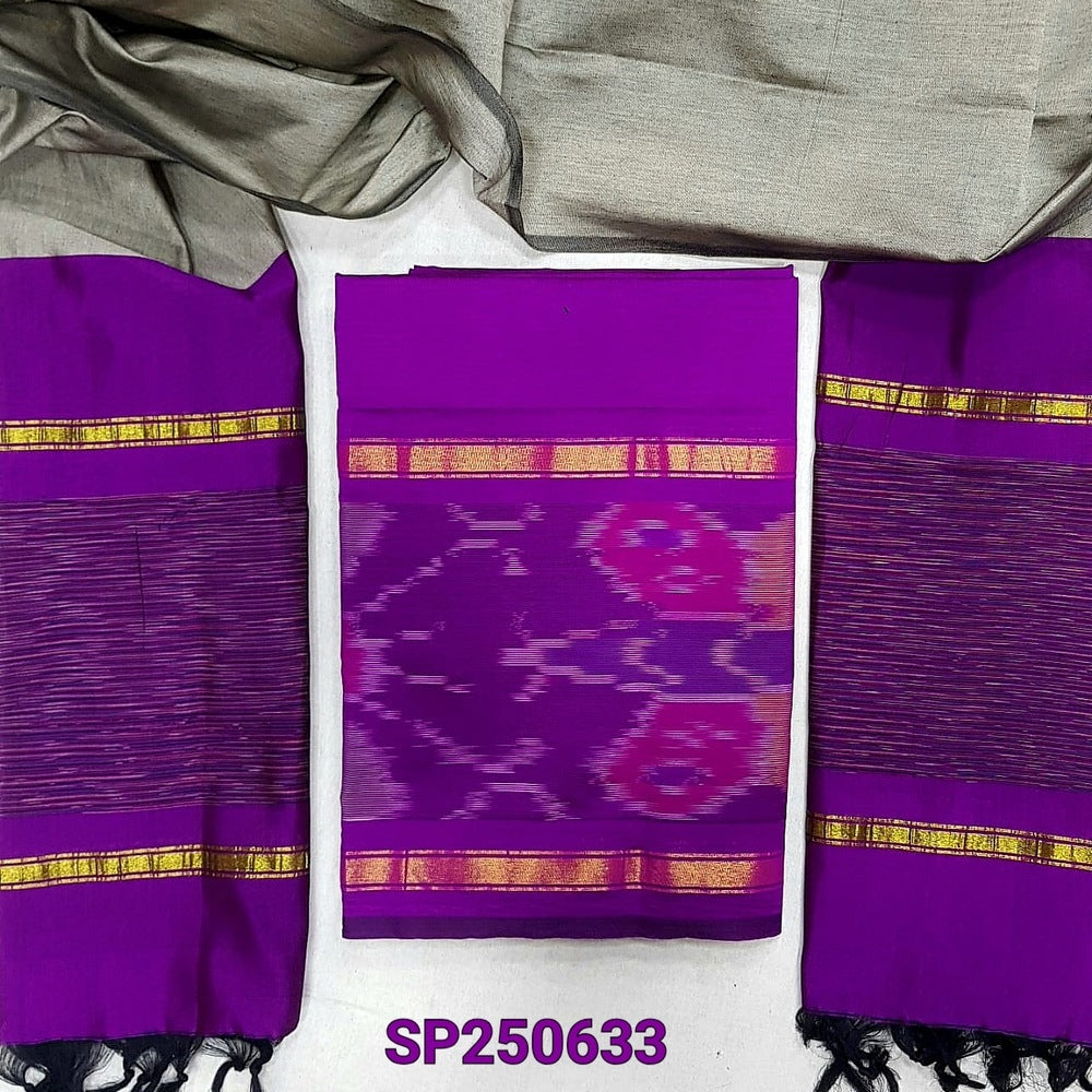 PREORDER SHIPPING IN 1 WEEK Purple silk cotton unstitched salwar material, thread woven design on daman(lining needed)light grey silk cotton bottom, dual shaded silk cotton dupatta. CODE SP250633