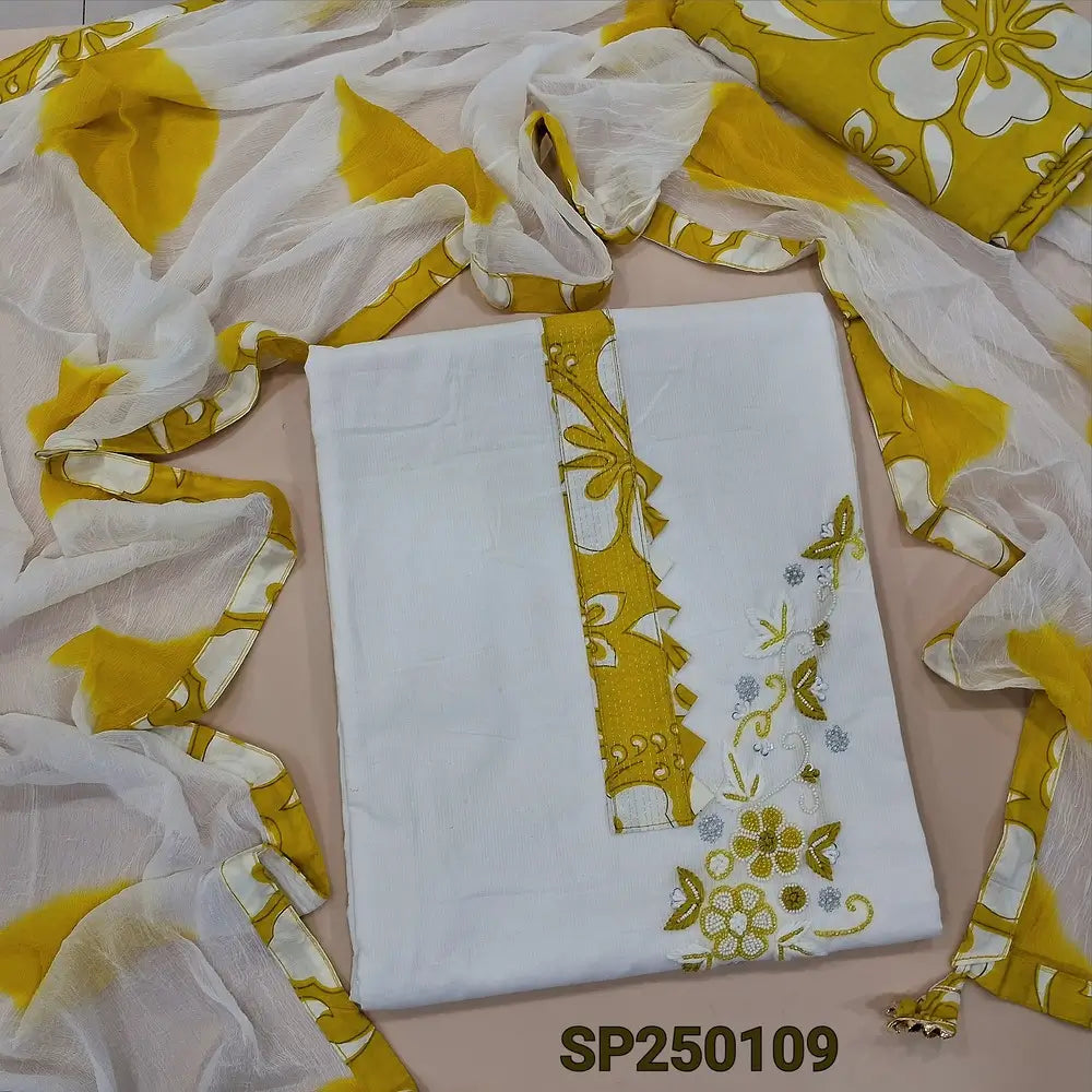 Half white premium cotton unstitched salwar material, hand embroider& bead work on yoke(lining needed)hand block printed cotton bottom, shibori dyed pure chiffon dupatta with printed tapings. CODE SP250109