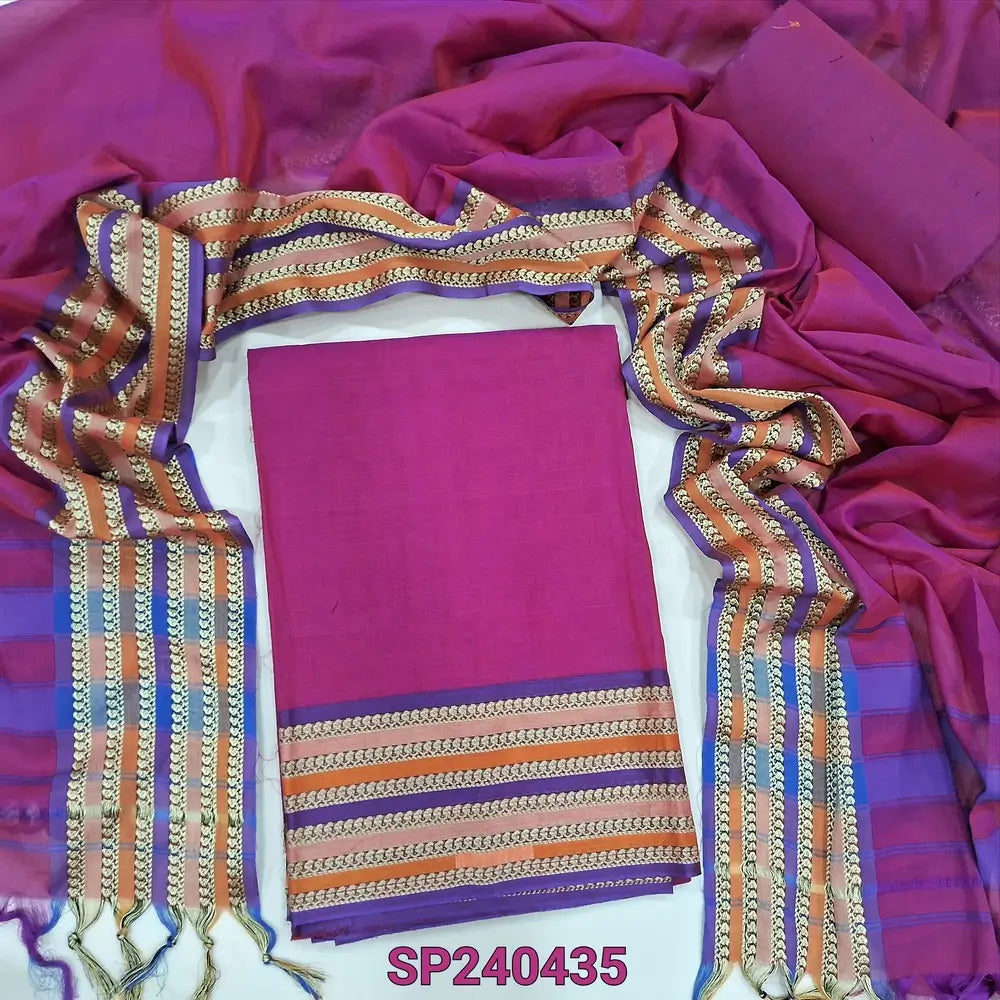 Bright pink Dharwad mercerized handloom cotton unstitched salwar material, thread weaving design on daman(lining needed)matching handloom cotton bottom, Dharwad mercerized handloom cotton dupatta with borders. CODE SP250435