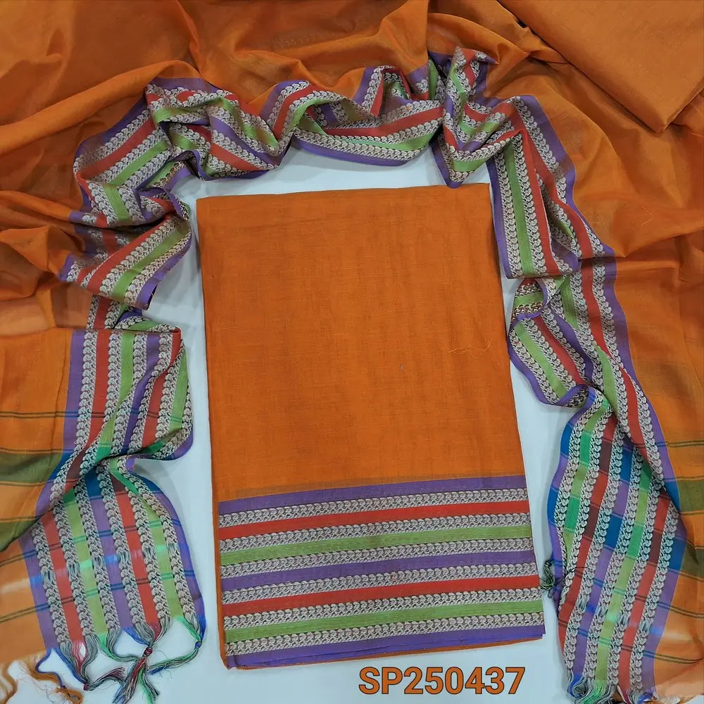 Bright orange Dharwad mercerized handloom cotton unstitched salwar material, thread weaving design on daman(lining needed)matching handloom cotton bottom, Dharwad mercerized handloom cotton dupatta with borders. CODE SP250437