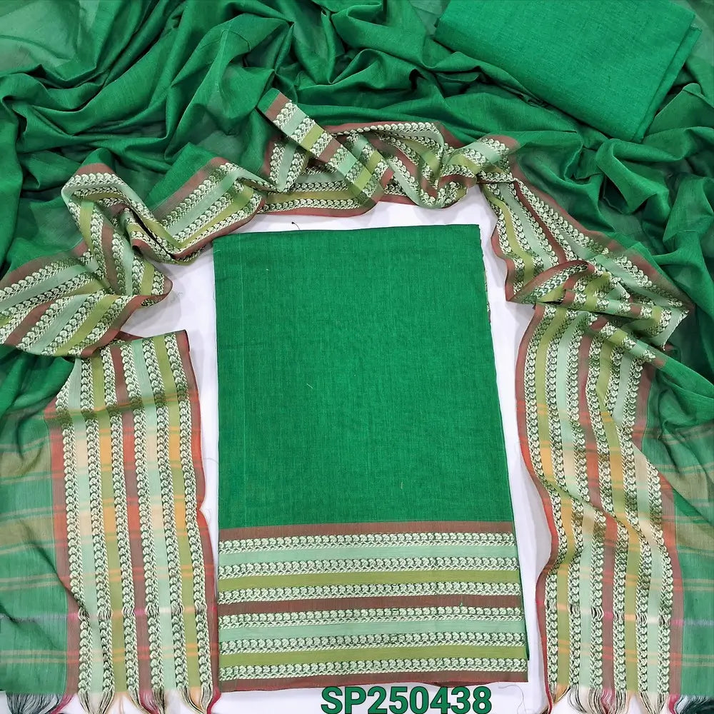 Leafy green Dharwad mercerized handloom cotton unstitched salwar material, thread weaving design on daman(lining needed)matching handloom cotton bottom, Dharwad mercerized handloom cotton dupatta with borders. CODE SP250438