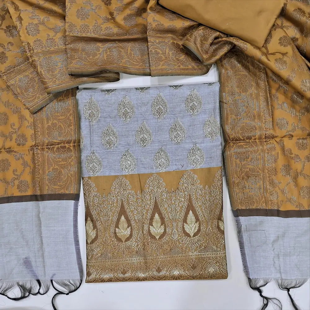 Grey with mehandhi yellow benarasi silk cotton unstitched salwar material, rich antique zari weaving all over (Lining Needed) rani pink silk cotton Bottom, Benarasi Zari Woven Dual Shaded Dupatta. OC252516