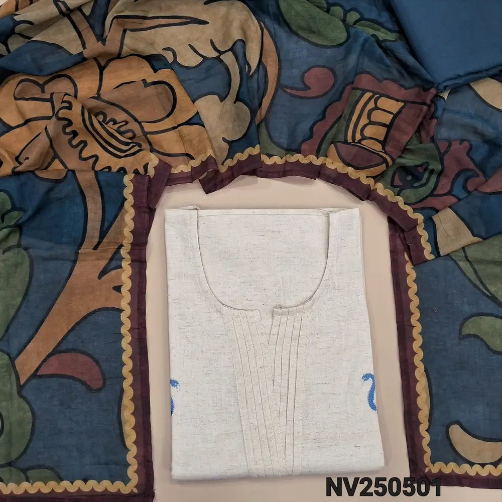 Half white soft flex cotton unstitched salwar material (Lining optional) simple embroidery on front, round notch neck, bluish grey cotton bottom, colorful kalamkari printed stole. NV250501