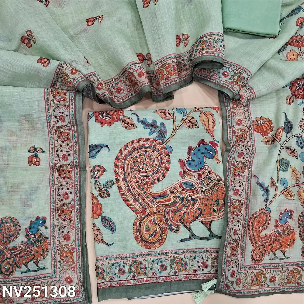 Pastel green premium linen kalamkari printed unstitched salwar material (lining needed)hand embroidery on yoke, rich hand embroidery on daman,matching santoon bottom, kalamkari printed premium linen full length dupatta with rich embroidery. NV251308