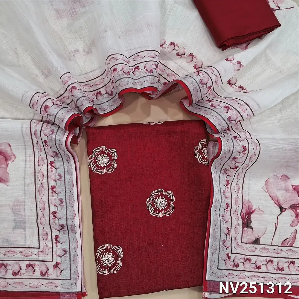 Red semi linen unstitched salwar material (textured,lining optional)thread embroidery on front, silk cotton botttom, floral printed semi linen dupatta. NV251312