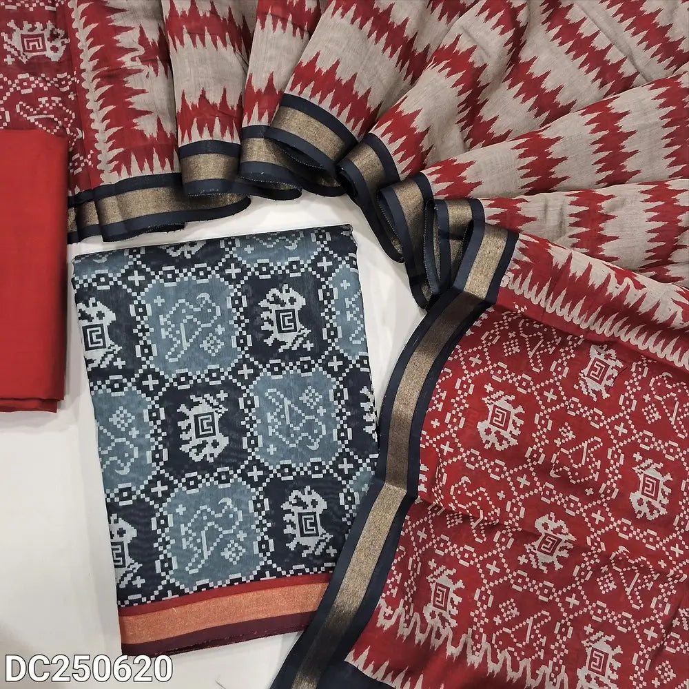 Black premium silk cotton unstitched salwar material (soft, lining needed) patola printed allover, reddish maroon spun cotton bottom, ikat printed soft silk cotton full length dupatta with patola printed pallu . DC250620