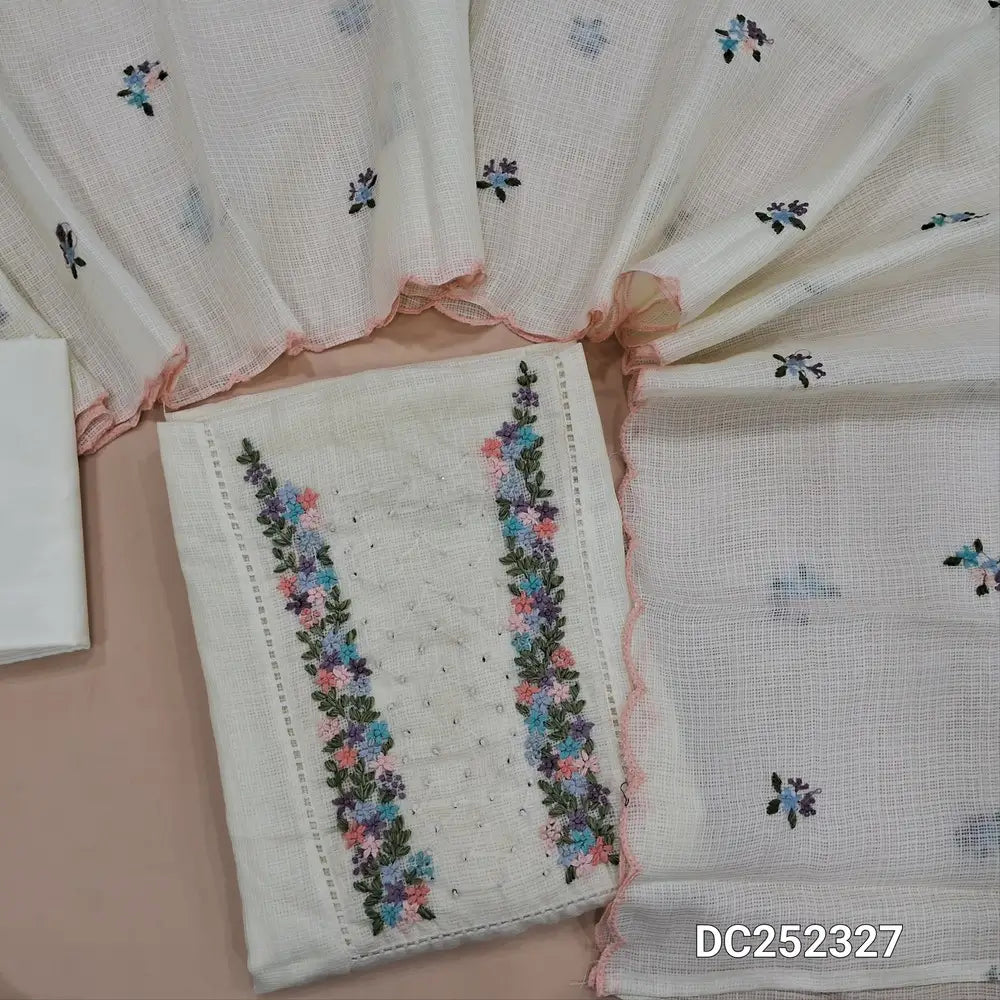 Half White kota silk cotton unstitched salwar material (lining needed)embroidery, sequins work on yoke, matching silky bottom, embroidery work on kota silk cotton dupatta. DC252327