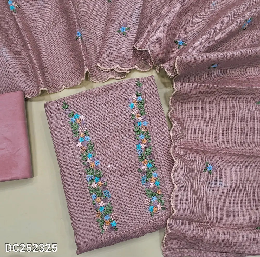 Onion Pink kota silk cotton unstitched salwar material (lining needed)embroidery, sequins work on yoke, matching silky bottom, embroidery work on kota silk cotton dupatta. DC252325
