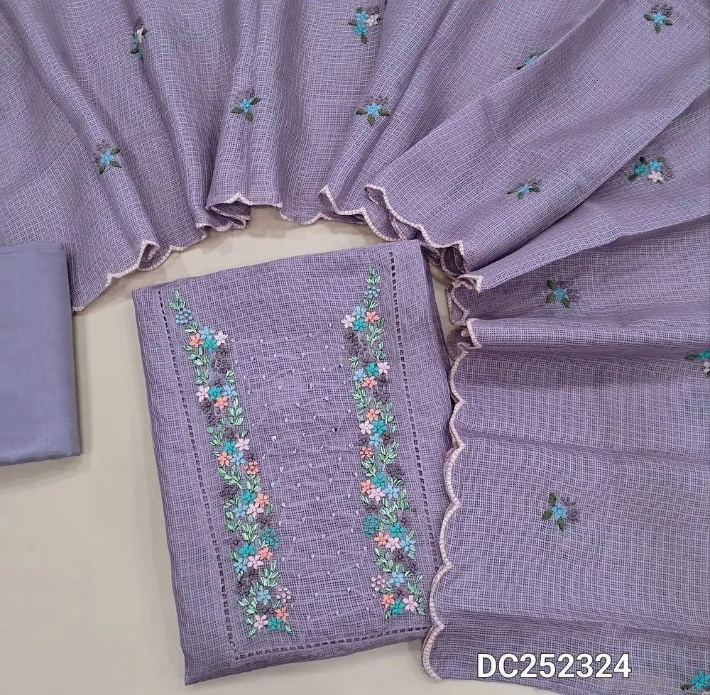 Lavender kota silk cotton unstitched salwar material (lining needed)embroidery, sequins work on yoke, matching silky bottom, embroidery work on kota silk cotton dupatta. DC252324