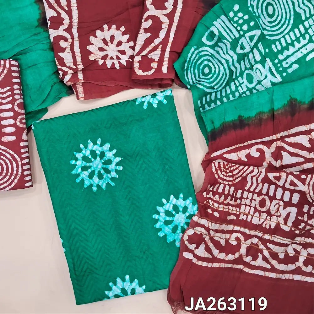 Batik dyed Turquoise Green soft jakard cotton unstitched salwar material (lining needed) batik design allover, batik dyed dark maroon cotton bottom, wax batik dyed dual shaded silk cotton dupatta.(TAPING NEEDED) JA263119