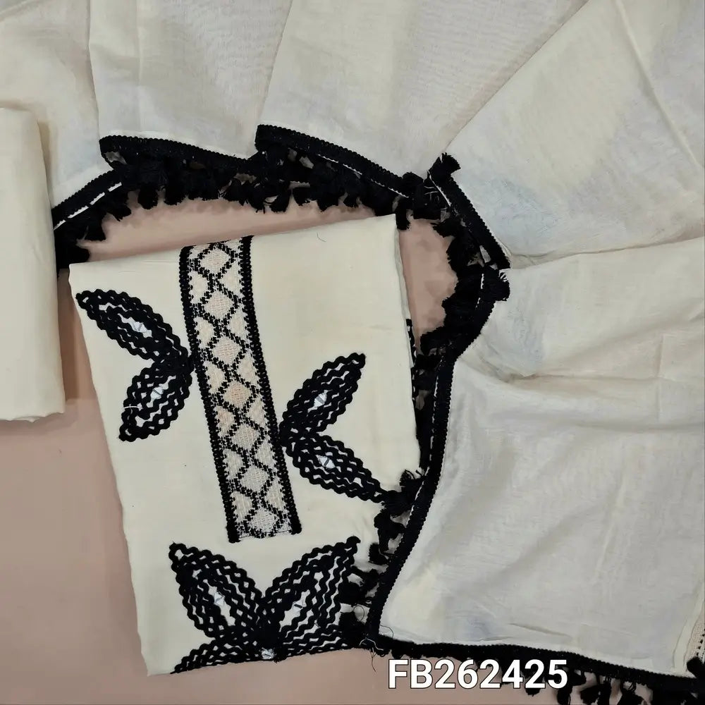 Half white liquid fabric unstitched salwar material, real mirror, lace floral design on front (Lining Needed) matching bottom, soft silk cotton dupatta with crochet work and tapings. FB262425