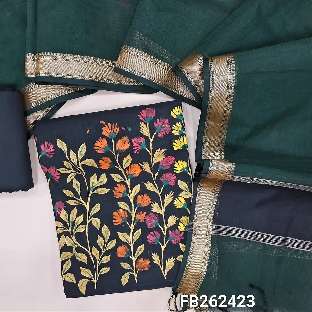 Designer black Premium Maheshwari silk unstitched salwar material(lining needed) hand brush paint design on front, cotton bottom, dual shade brush paint work on premium Maheshwari silk full length dupatta with tassels. FB262423