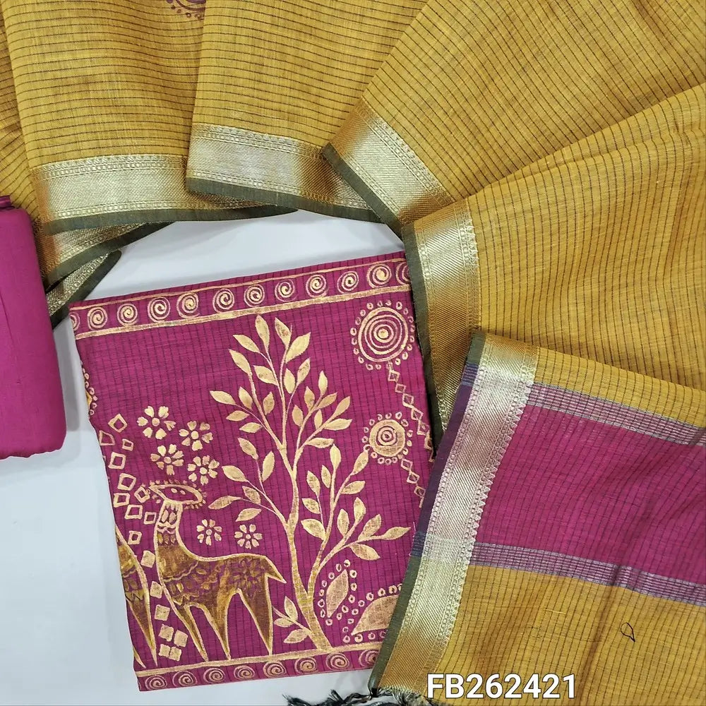 Designer rani pink Premium Maheshwari silk unstitched salwar material(lining needed) hand brush paint design on front, cotton bottom, dual shade brush paint work on premium Maheshwari silk full length dupatta with tassels. FB262421