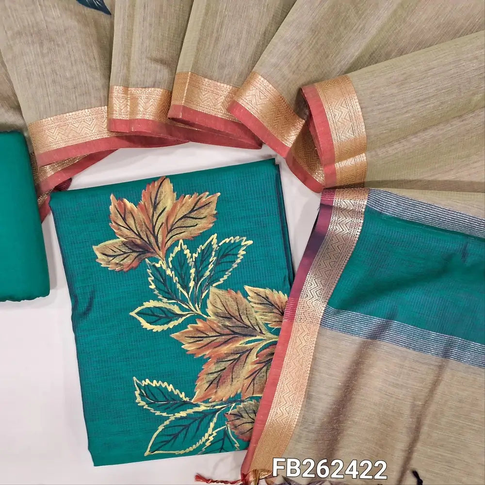 Designer peacock green Premium Maheshwari silk unstitched salwar material(lining needed) hand brush paint design on front, cotton bottom, dual shade brush paint work on premium Maheshwari silk full length dupatta with tassels. FB262422