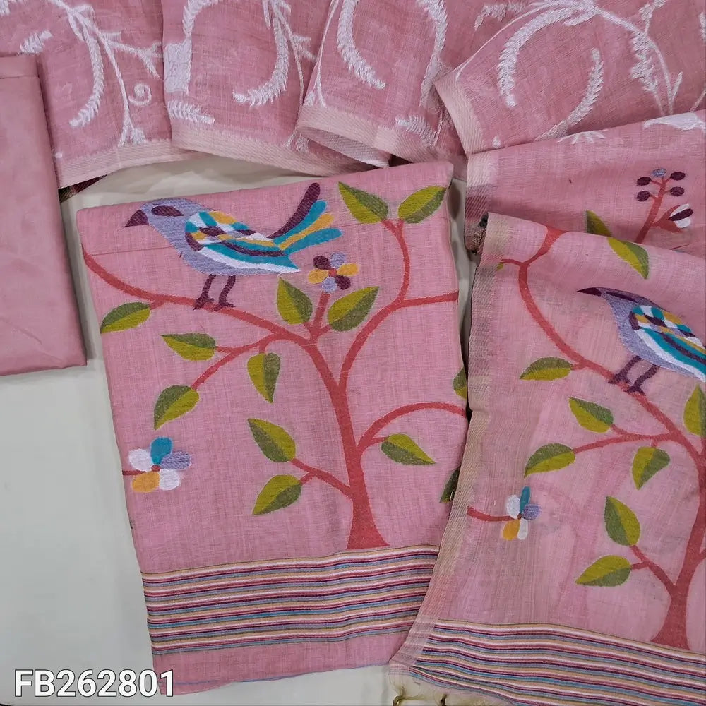 Pastel pink jamdani woven silk cotton unstitched salwar material, floral weaving on front, rich weaving daman (lining needed) matching silky bottom,jamdani woven full length silk cotton dupatta. FB262801