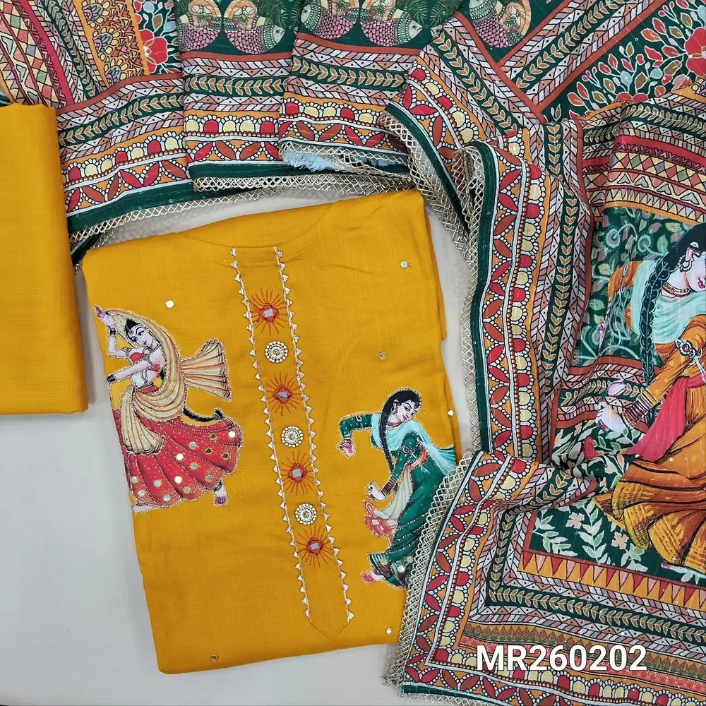 Mehandhi Yellow Liquid fabric unstitched salwar material, round neck, colorful applique and zari work on yoke with simple buttons, faux mirror on front, matching bottom, digital printed silk cotton short width dupatta with sequins work. MR260202