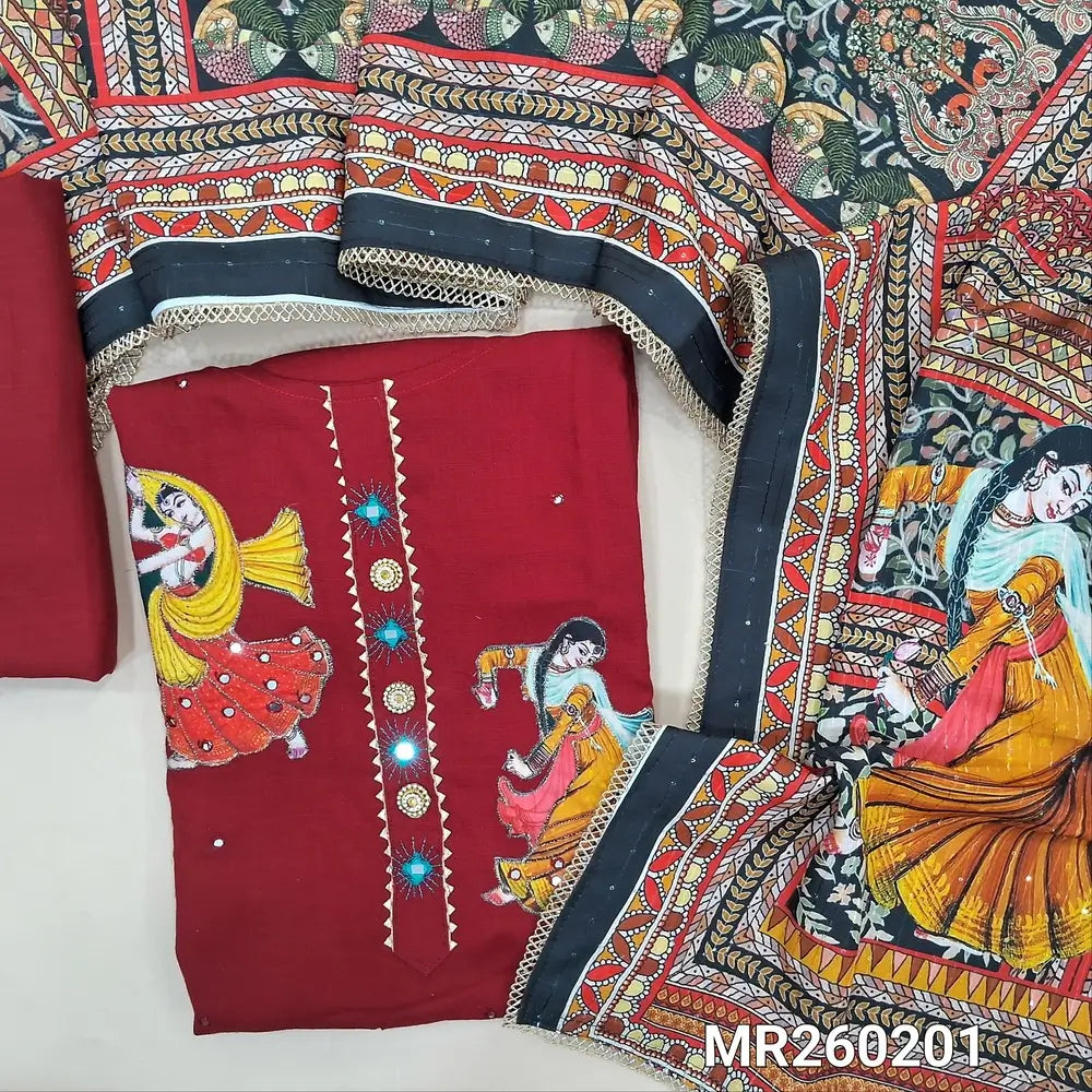 Reddish Maroon Liquid fabric unstitched salwar material, round neck, colorful applique and zari work on yoke with simple buttons, faux mirror on front, matching bottom, digital printed silk cotton short width dupatta with sequins work. MR260201