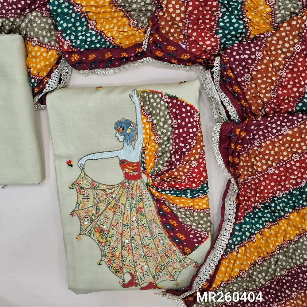 Light beige liquid fabric unstitched salwar material,thread and sequins work yoke,dancing girl with rich embroidery ,applique work daman,(Lining optional) liquid fabric bottom, multicolored crinkled fancy silk cotton dupatta with lace tapings. MR260404