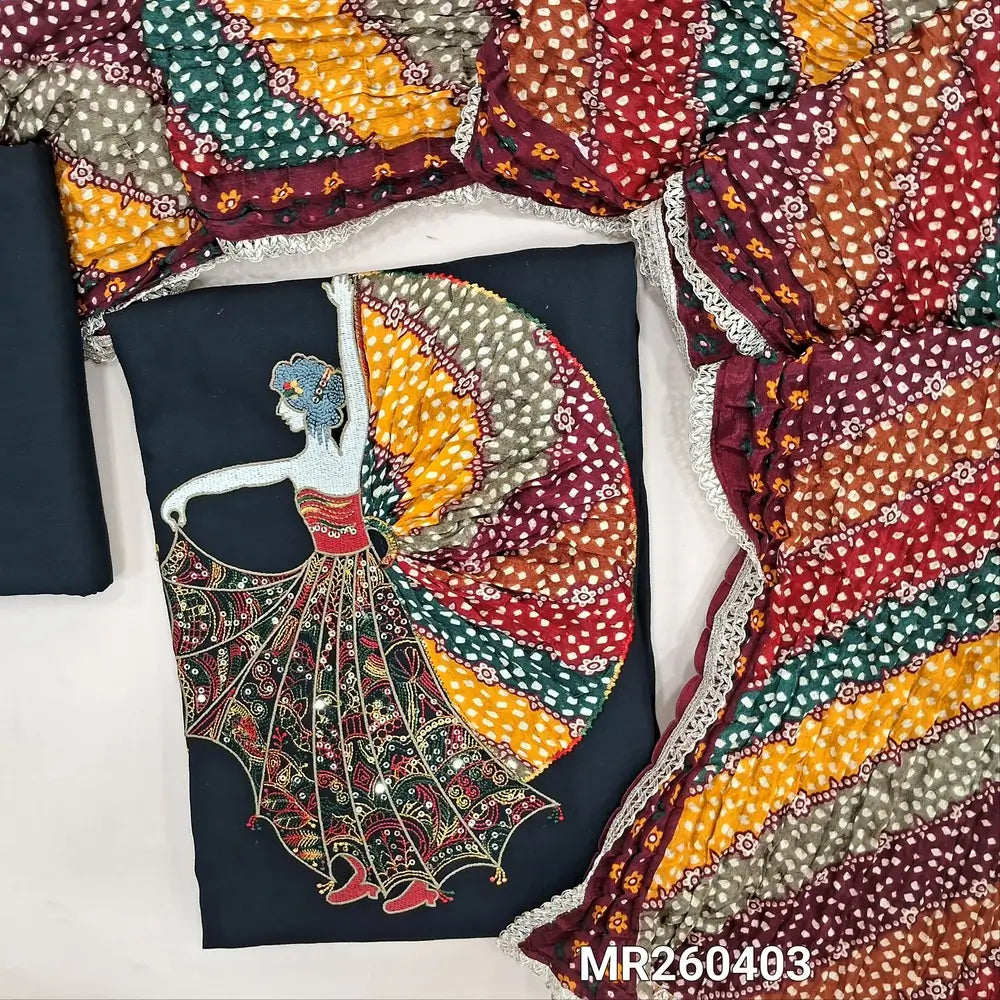Black liquid fabric unstitched salwar material,thread and sequins work yoke,dancing girl with rich embroidery ,applique work daman,(Lining optional) liquid fabric bottom, multicolored crinkled fancy silk cotton dupatta with lace tapings. MR260403