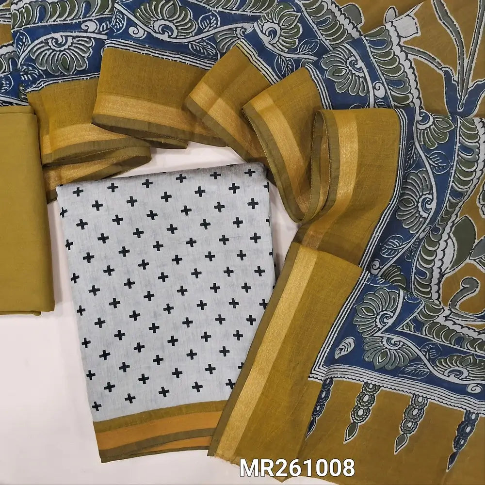 Light beige premium silk cotton unstitched salwar material(lining needed) printed all over, daman with tissue borders, Mehandhi green spun cotton bottom, kalamkari printed full length premium silk cotton dupatta. MR261008
