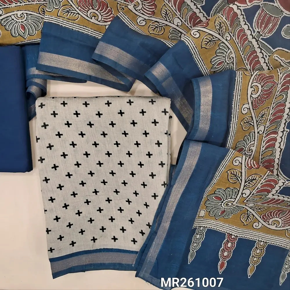 Light beige premium silk cotton unstitched salwar material(lining needed) printed all over, daman with tissue borders, Dark Blue spun cotton bottom, kalamkari printed full length premium silk cotton dupatta. MR261007