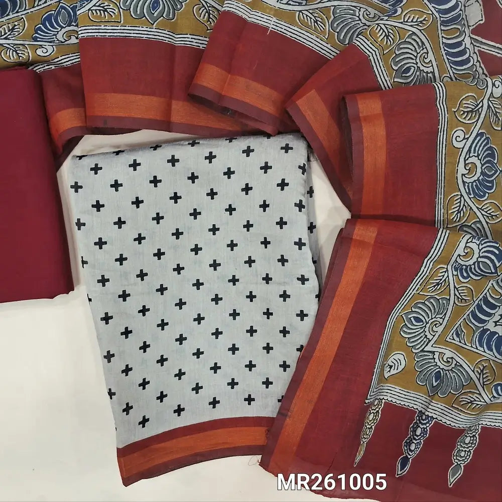 Light beige premium silk cotton unstitched salwar material(lining needed) printed all over, daman with tissue borders, Dark Maroon spun cotton bottom, kalamkari printed full length premium silk cotton dupatta. MR261005