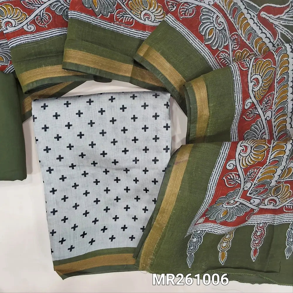 Light beige premium silk cotton unstitched salwar material(lining needed) printed all over, daman with tissue borders, Olive Green spun cotton bottom, kalamkari printed full length premium silk cotton dupatta. MR261006
