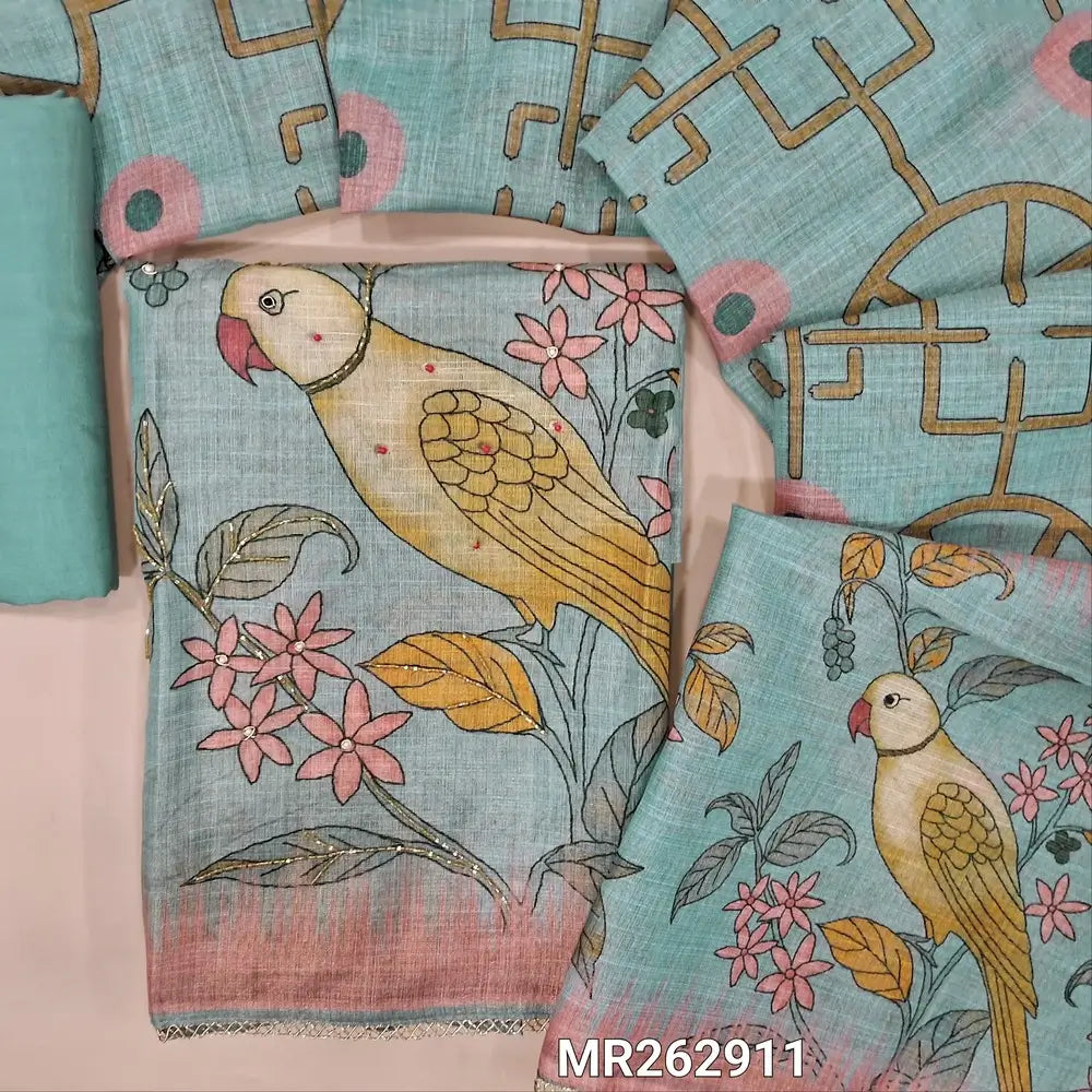 Pastel blue with golden tint tissue linen unstitched salwar material,printed with zardosi, pearl bead and cut bead work on yoke and daman (thin, lining needed)santoon bottom,digital printed tissue linen dupatta with lace tapping. MR262911
