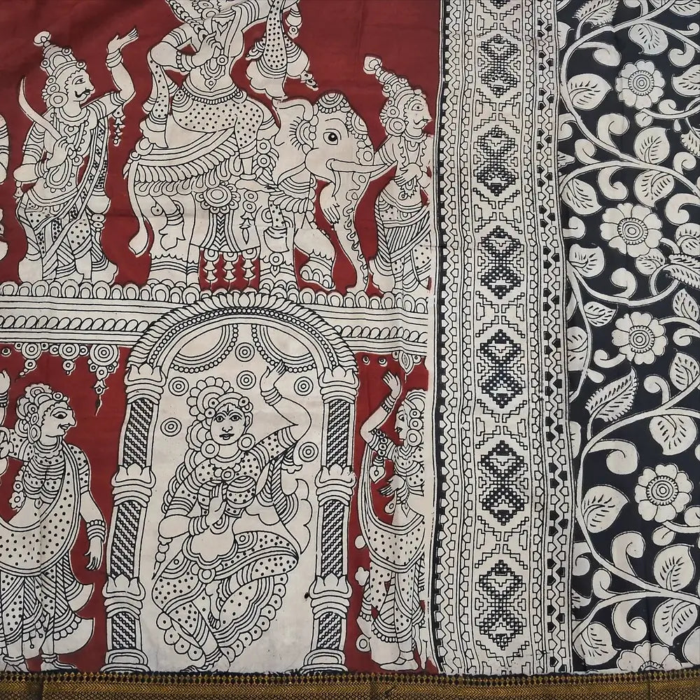 Reddish maroon premium raw silk unstitched salwar material,thread weaving buttas all over, (textured, Lining needed) black silk bottom, pen kalamkari chennuri silk dupatta with nizam borders (INCONSISTENT STAINS ARE NOT DEFECTS). AP261201