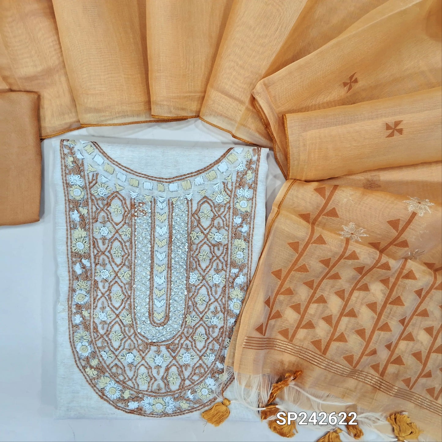 Beige jamdani woven premium slub silk cotton unstitched salwar material, heavy hand embroidered on yoke(thin fabric, lining needed)fenugreek yellow santoon bottom, jamdani woven soft silk cotton dupatta with tassels. CODE SP242622