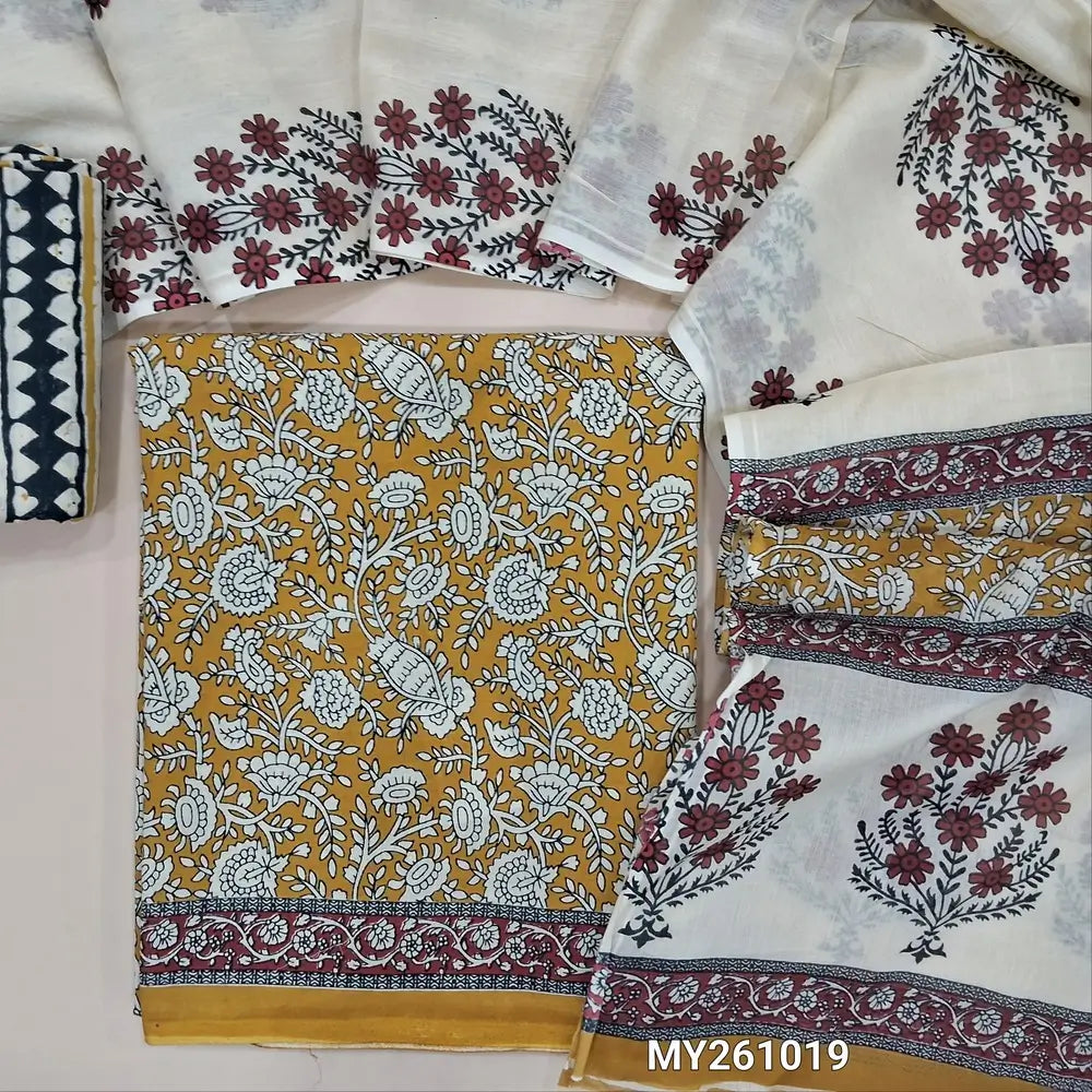 Mehandhi yellow hand block printed pure mul cotton unstitched salwar material, (lining needed) hand block printed cotton bottom,block printed full length mul cotton dupatta. (TAPING NEEDED, INCONSISTENT PRINTS ARE NOT DEFECTS) MY261019
