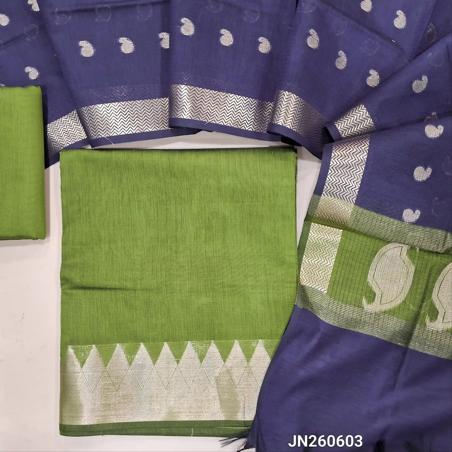 Leafy green maheshwari silk cotton unstitched salwar material( soft,lining needed) benarasi zari woven borders,matching silk cotton bottom, Maheshwari silk cotton zari buttas dupatta with pallu. JN260603