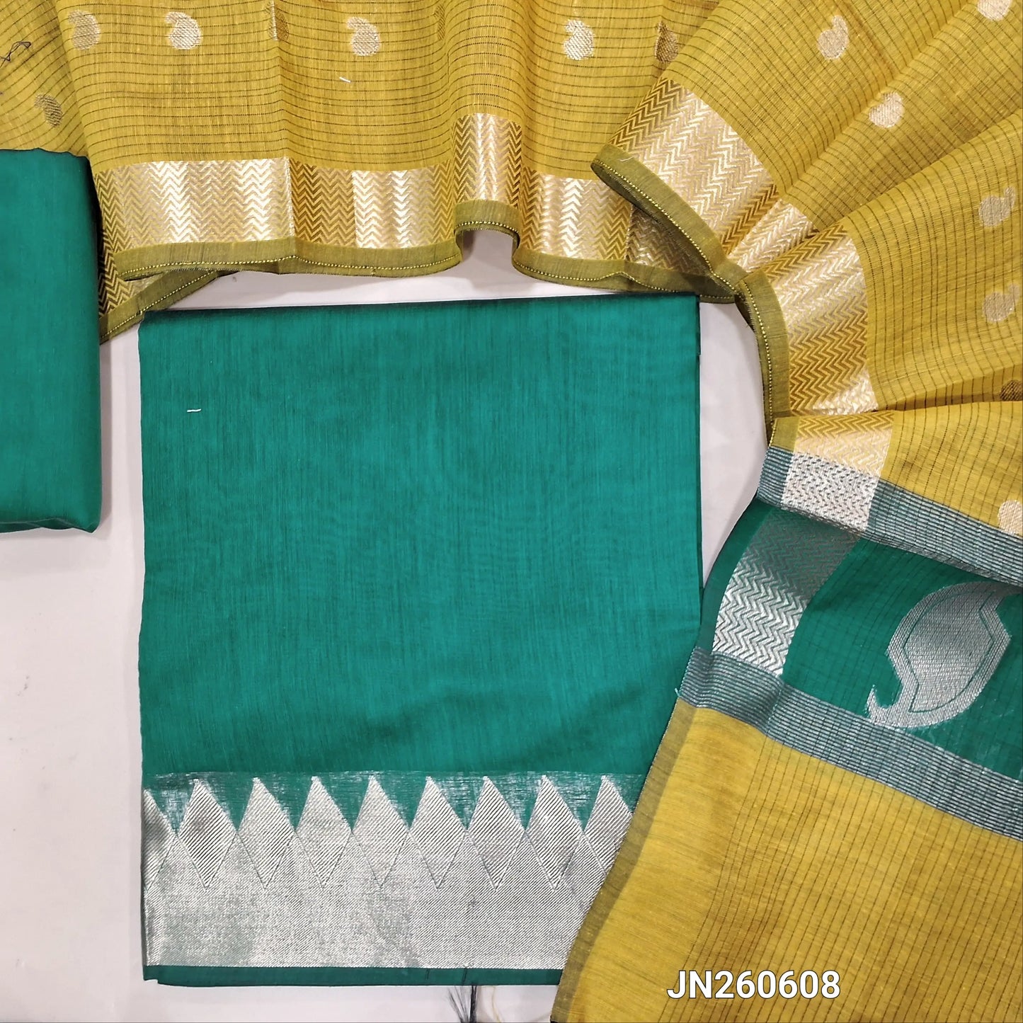Teal blue maheshwari silk cotton unstitched salwar material( soft,lining needed) benarasi zari woven borders,matching silk cotton bottom, Maheshwari silk cotton zari buttas dupatta with pallu. JN260608
