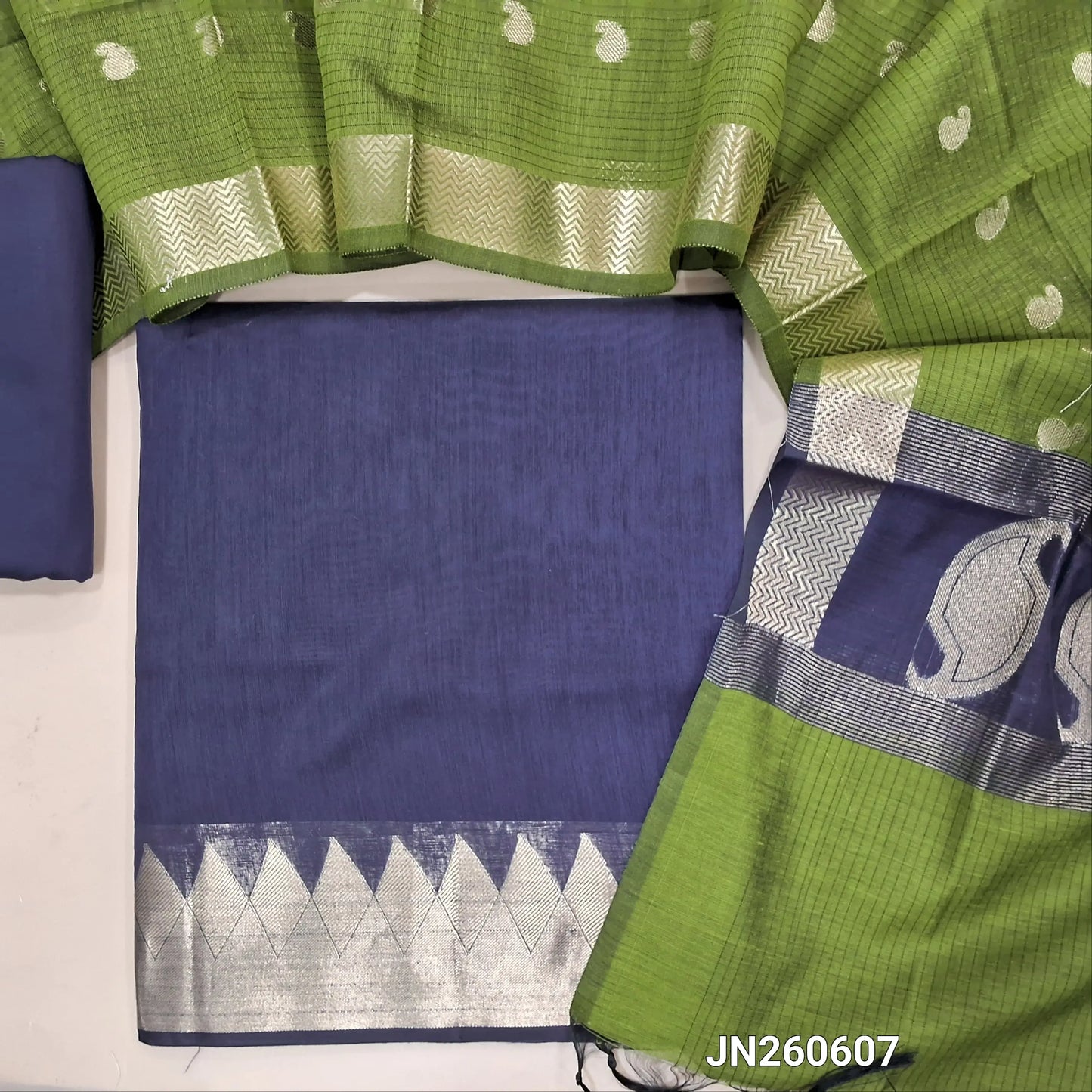 Dark blue maheshwari silk cotton unstitched salwar material( soft,lining needed) benarasi zari woven borders,matching silk cotton bottom, Maheshwari silk cotton zari buttas dupatta with pallu. JN260607