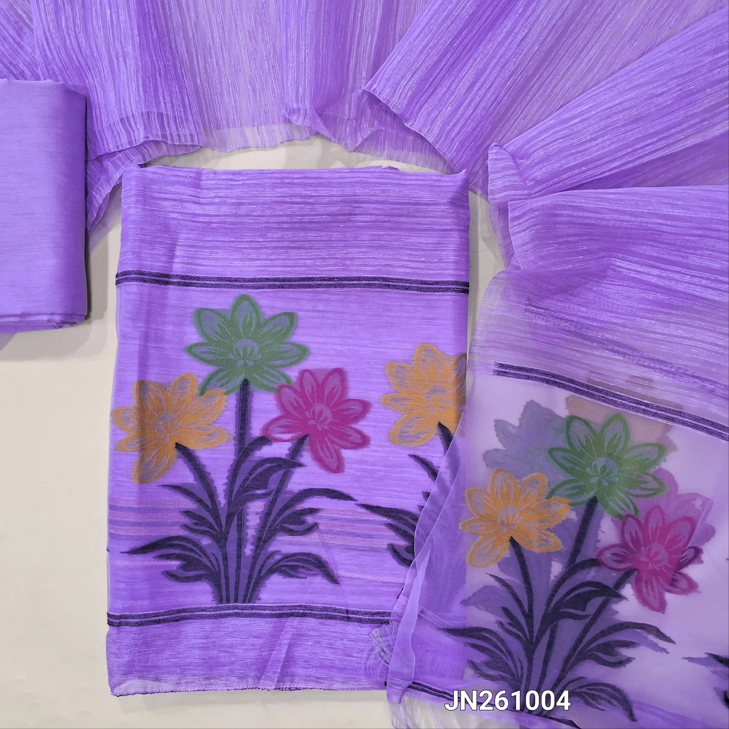 Designer lavender shade jamdani woven premium tussar unstitched salwar material, (textured,lining needed)jamdani weaving on organza daman, silk cotton bottom, jamdani woven on tussar silk dupatta with tassels with organza pallu . JN261004
