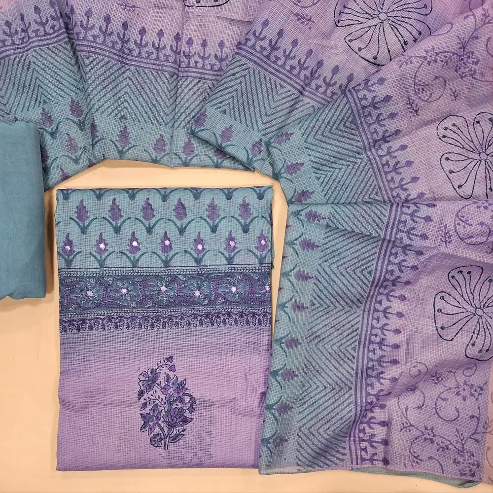 Mauve & powder blue block printed kota unstitched salwar material,faux mirror work yoke(Lining Needed) spun cotton bottom,hand block printed dual shaded kota dupatta. JL260406