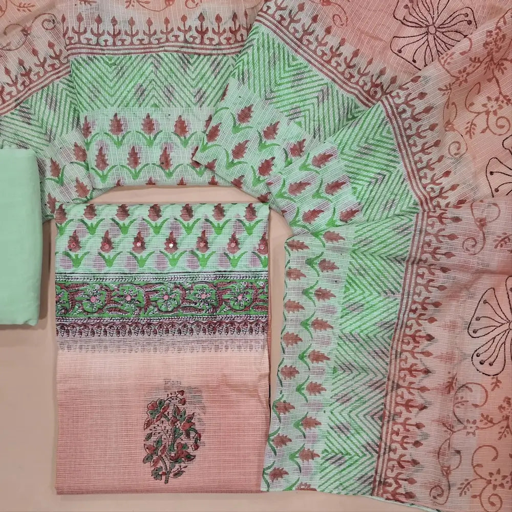 Sea green & peach block printed kota unstitched salwar material,faux mirror work yoke(Lining Needed) spun cotton bottom,hand block printed dual shaded kota dupatta. JL260407