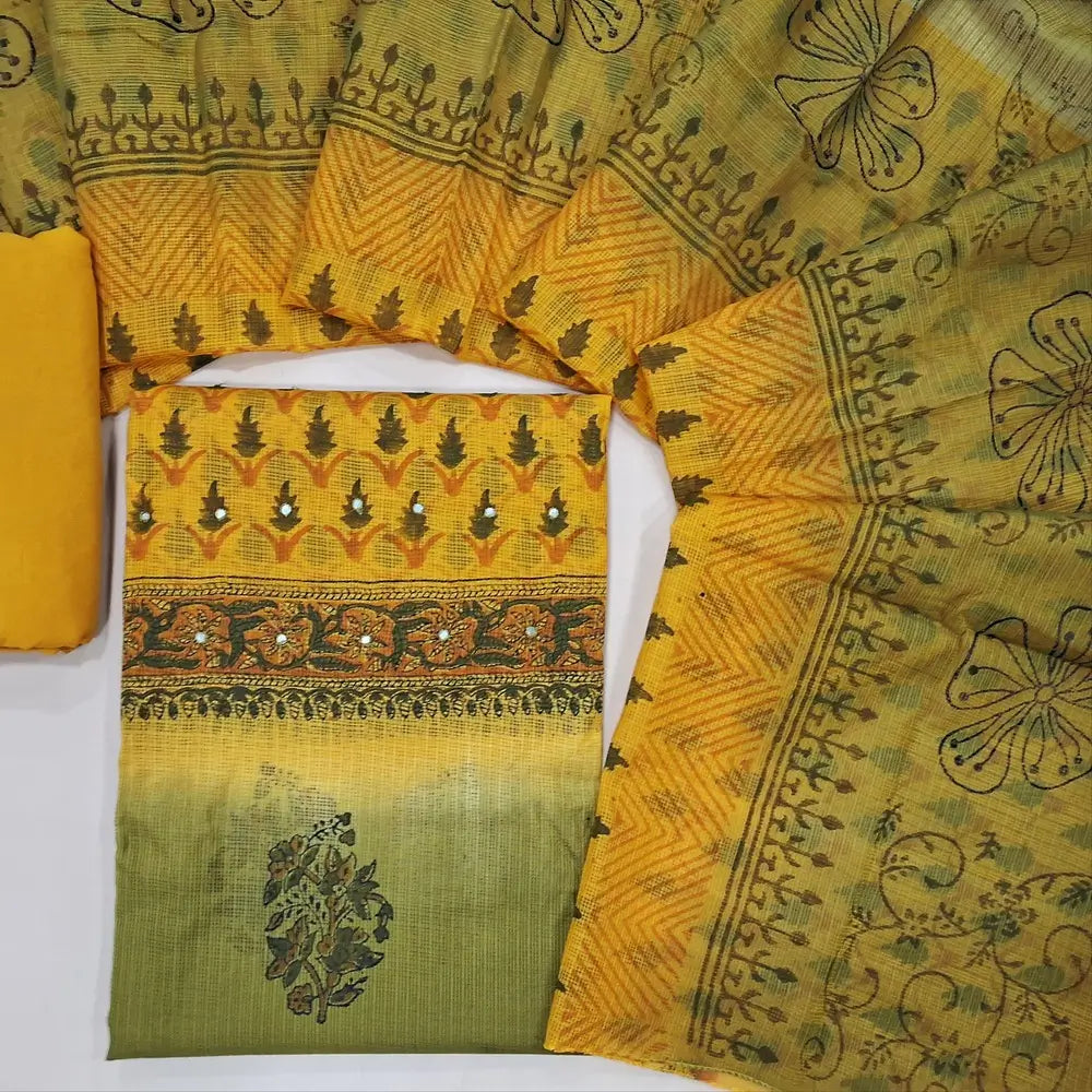 Yellow & green block printed kota unstitched salwar material,faux mirror work yoke(Lining Needed) spun cotton bottom,hand block printed dual shaded kota dupatta. JL260405