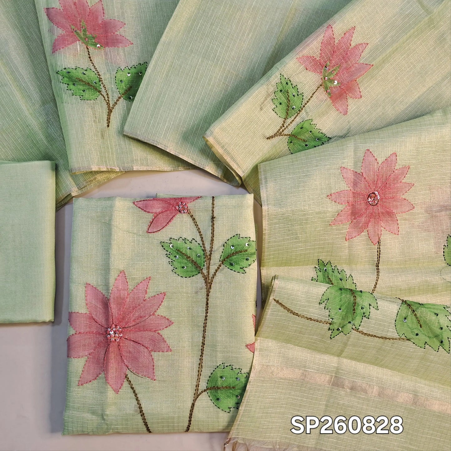 Designer pastel green golden tint tissue kota unstitched salwar material, floral design with hand brush paint, kantha stitch and sequins on front,(lining needed)santoon bottom,floral printed and brush paint on tissue kota dupatta. SP260828