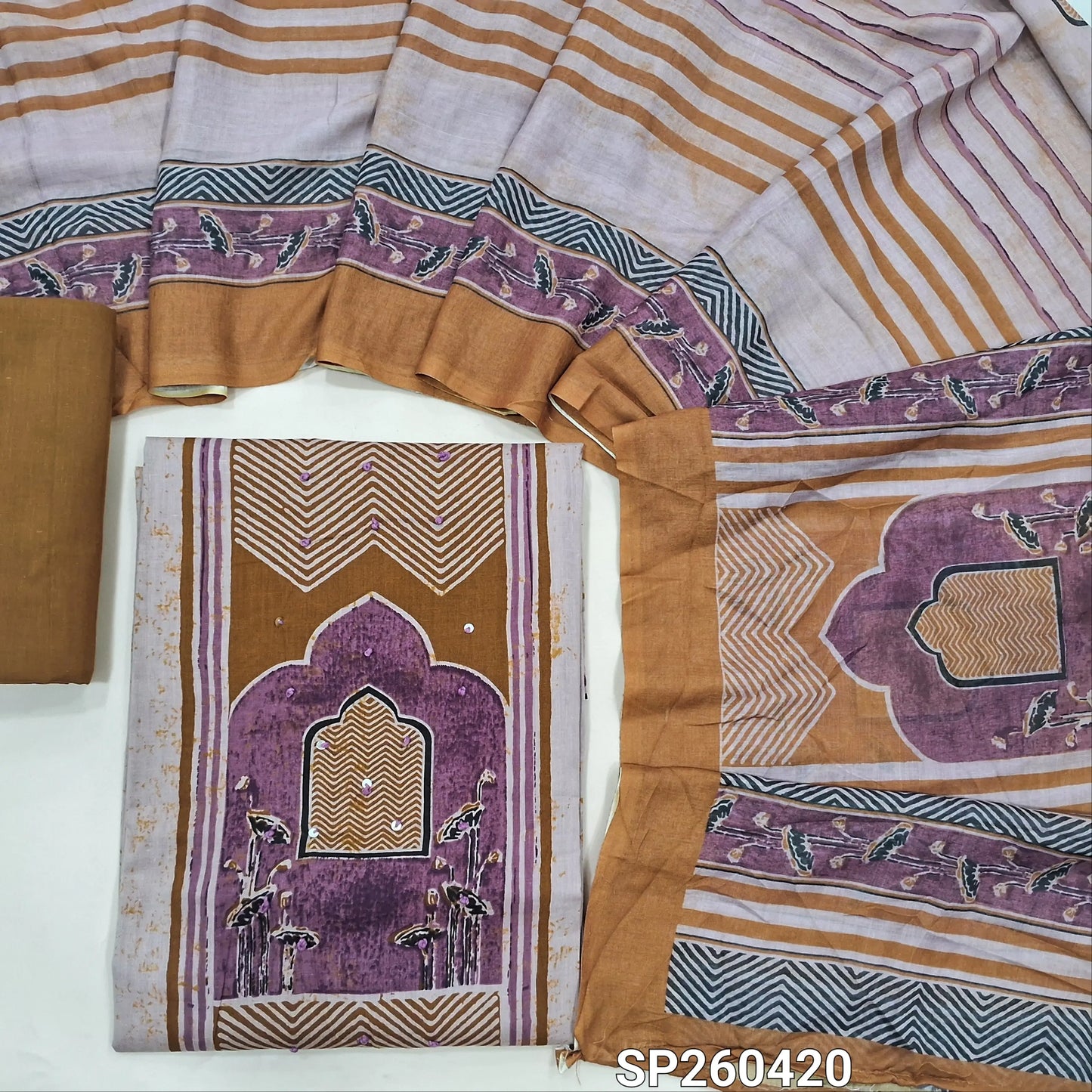 Mehandhi yellow printed soft cotton unstitched salwar material (Lining Needed) contrast cotton bottom, printed soft cotton dupatta. SP260420