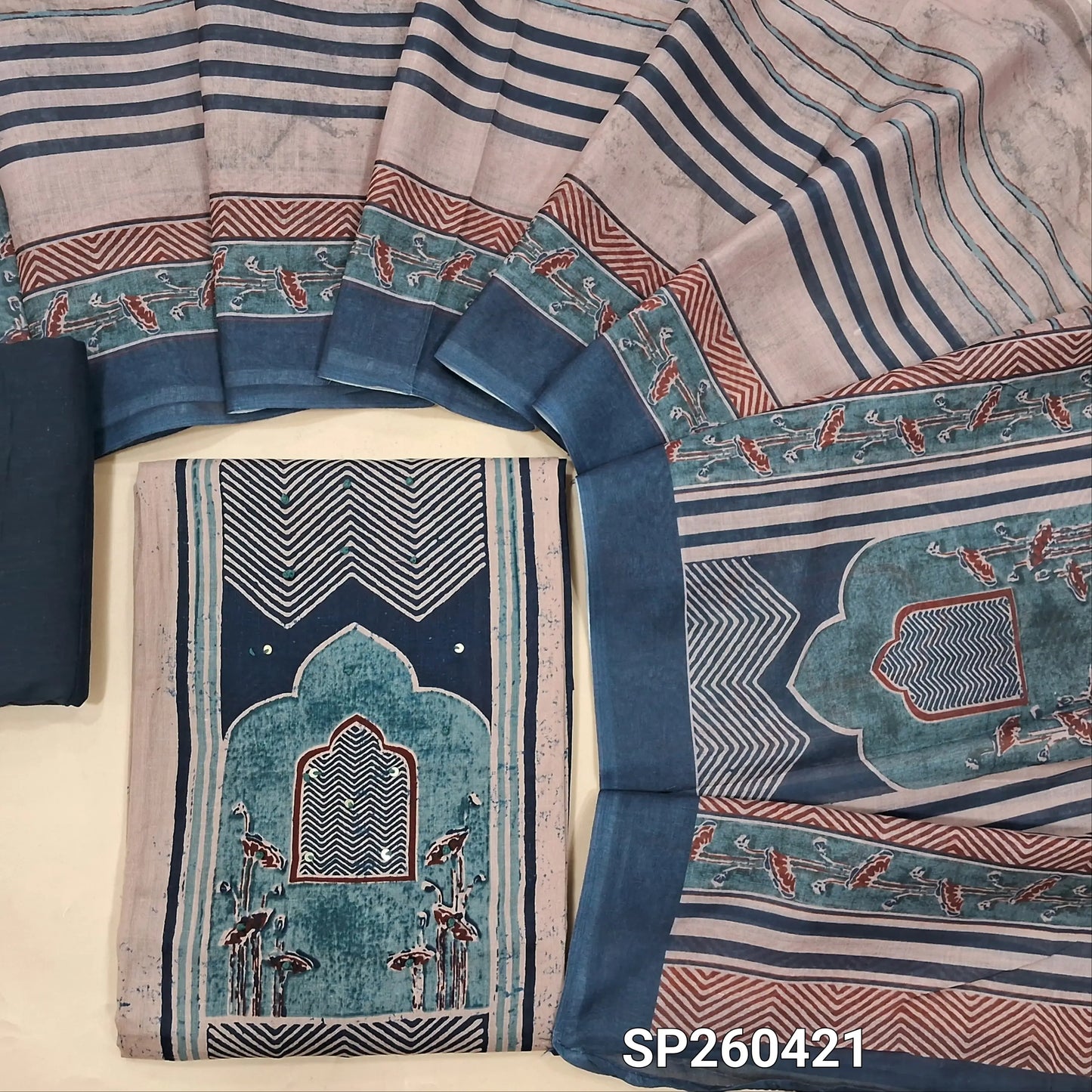 Blue printed soft cotton unstitched salwar material (Lining Needed) contrast cotton bottom, printed soft cotton dupatta. SP260421