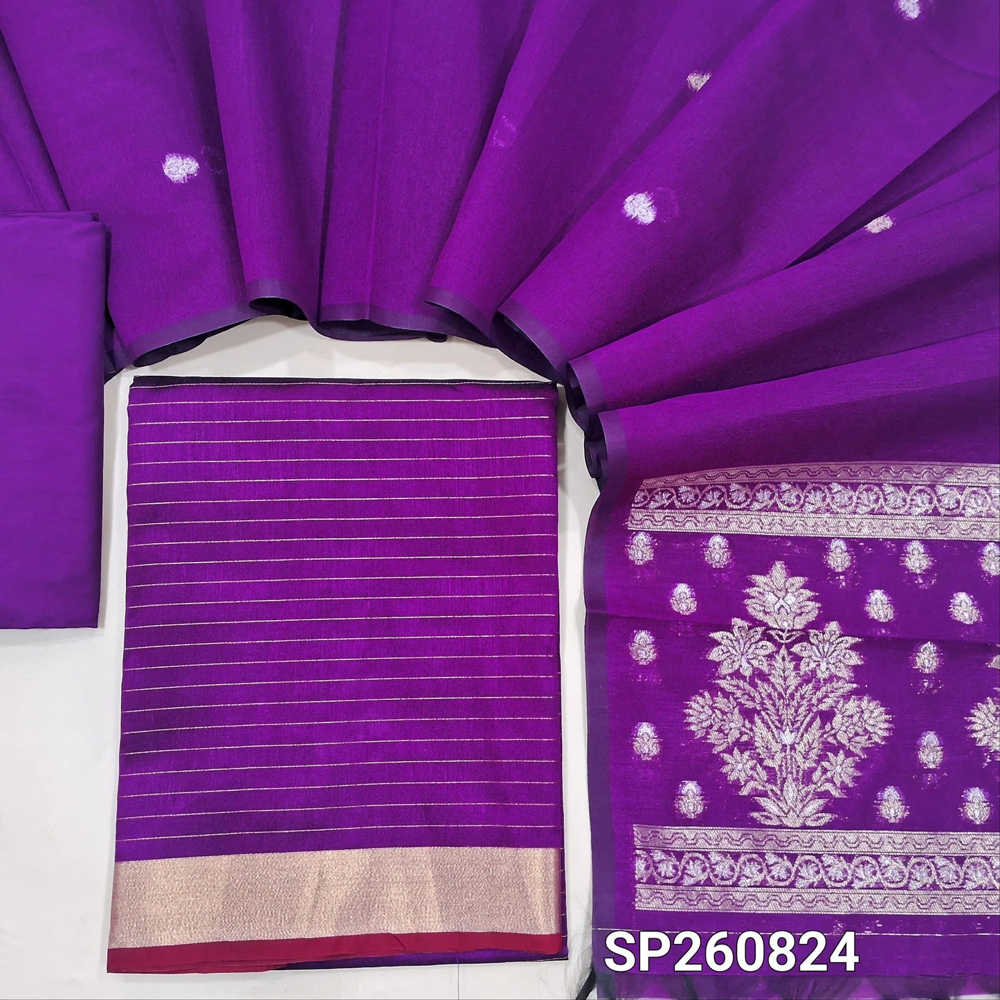 Purple silk cotton unstitched salwar material,zari lines all over,(Lining Needed)silky bottom, benarsi zari woven on full length silk cotton dupatta with rich gold and silver zari pallu. SP260824