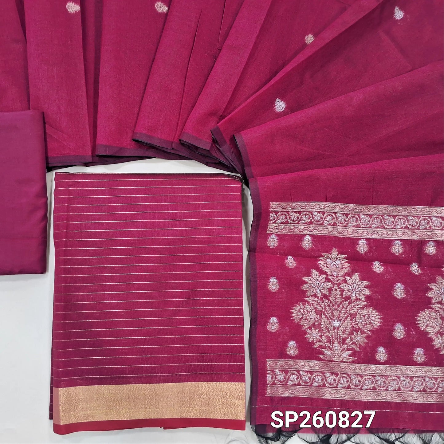 Pink silk cotton unstitched salwar material,zari lines all over,(Lining Needed)silky bottom, benarsi zari woven on full length silk cotton dupatta with rich gold and silver zari pallu. SP260827