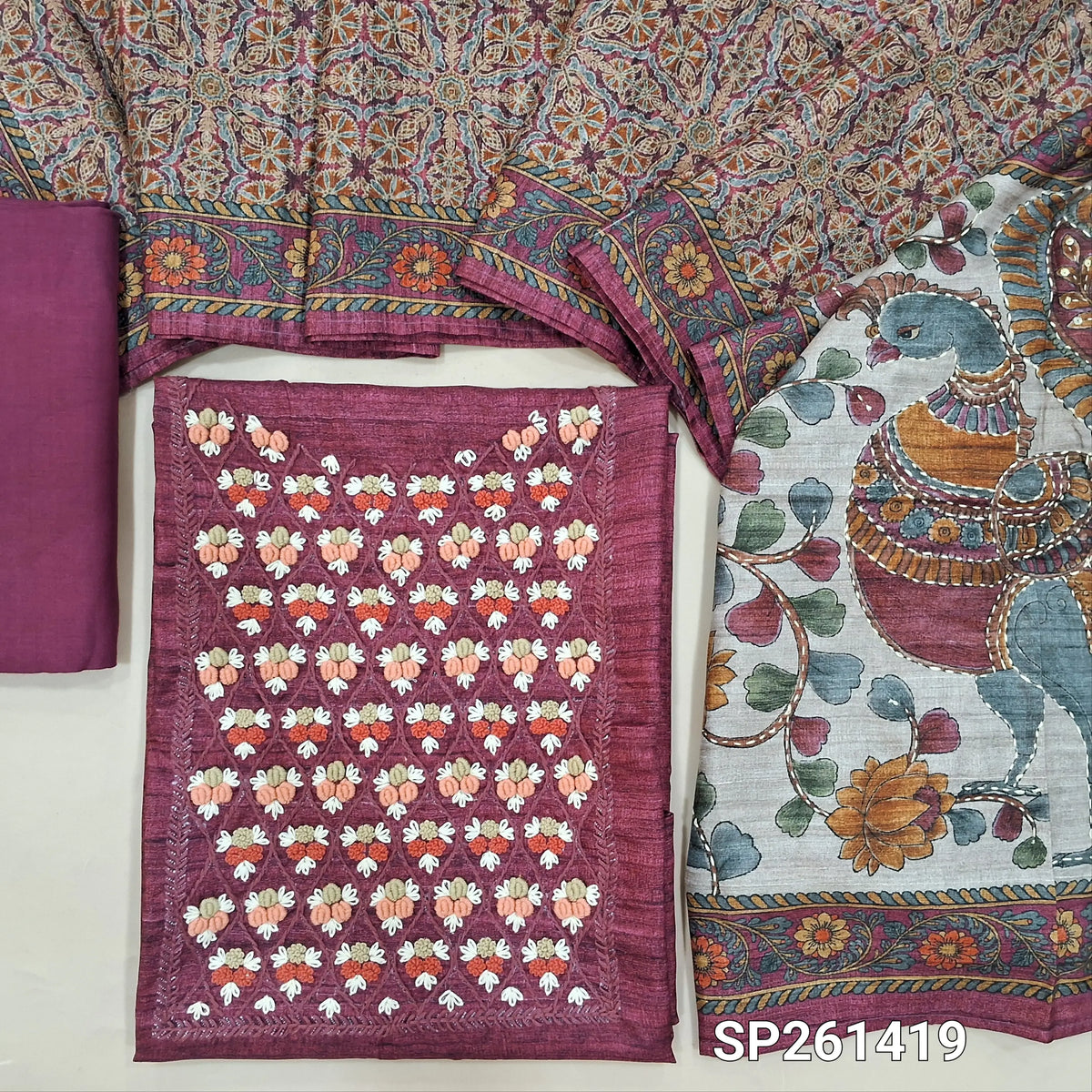 Dark beetroot purple designer tussar silk unstitched salwar material, hand embrodiery on yoke (Lightweight, Textured, Lining Needed)macthing santoon bottom, digital printed tussar silk dupatta with hand embroidery and sequins work. SP261419