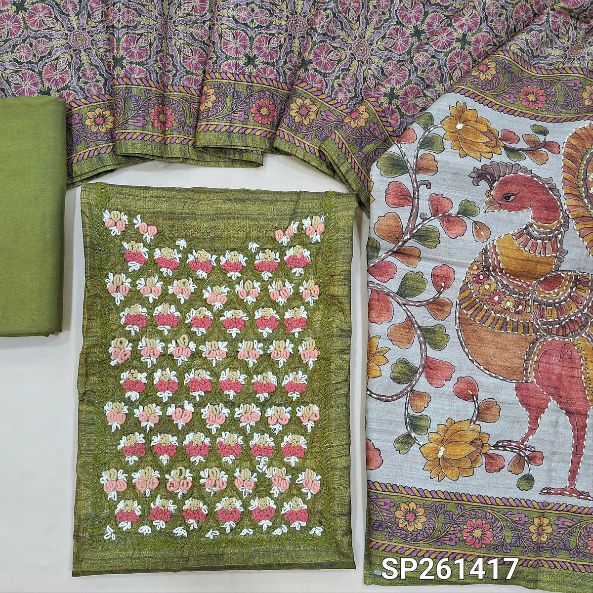 Olive green designer tussar silk unstitched salwar material, hand embrodiery on yoke (Lightweight, Textured, Lining Needed)macthing santoon bottom, digital printed tussar silk dupatta with hand embroidery and sequins work. SP261417