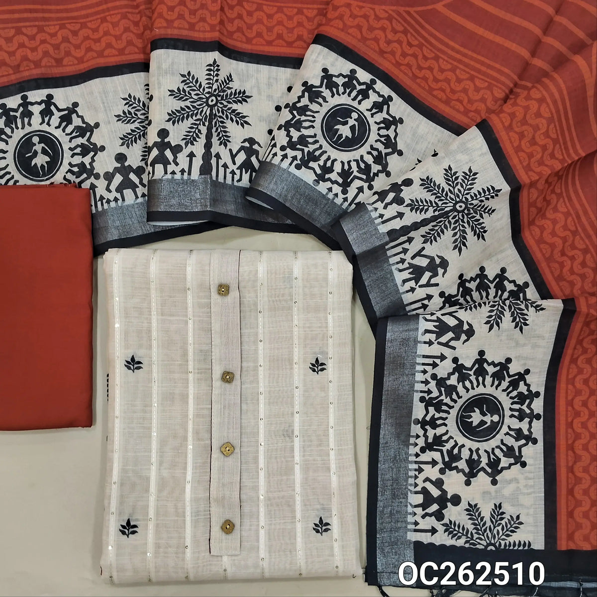 Beige jakard linen unstitched salwar material, sequins work on yoke,printed all over, warli printed daman,(lining needed)brick red spun cotton bottom, digital printed semi linen dupatta with borders. OC262510