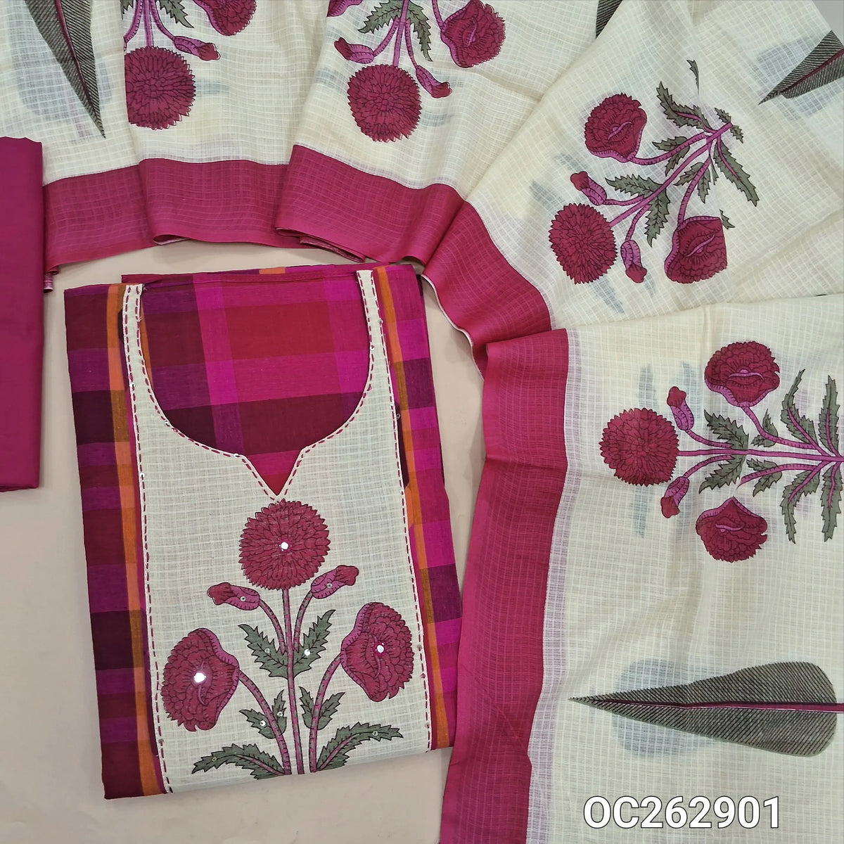 Bright pink premium handloom cotton checkered unstitched salwar material, marigold yoke patch with kantha work and sequins (Lining Needed)matching cotton bottom, pure kot cotton printed dupatta. OC262901