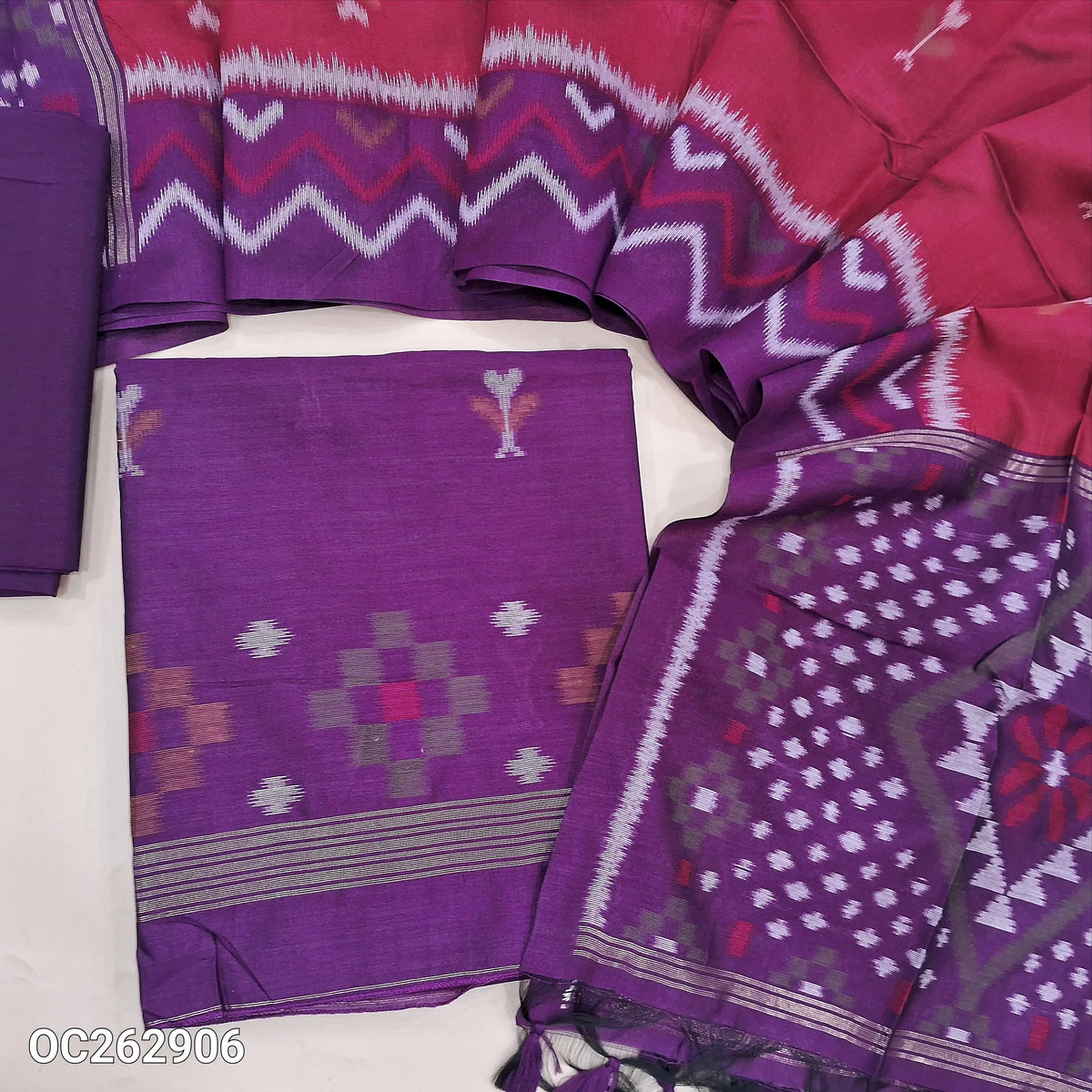 Purple and pink soft silk cotton unstitched salwar material with thread weaving on front (Thin, Lining Needed) matching silk cotton bottom, dual shaded silk cotton dupatta with thread weaving. OC262906