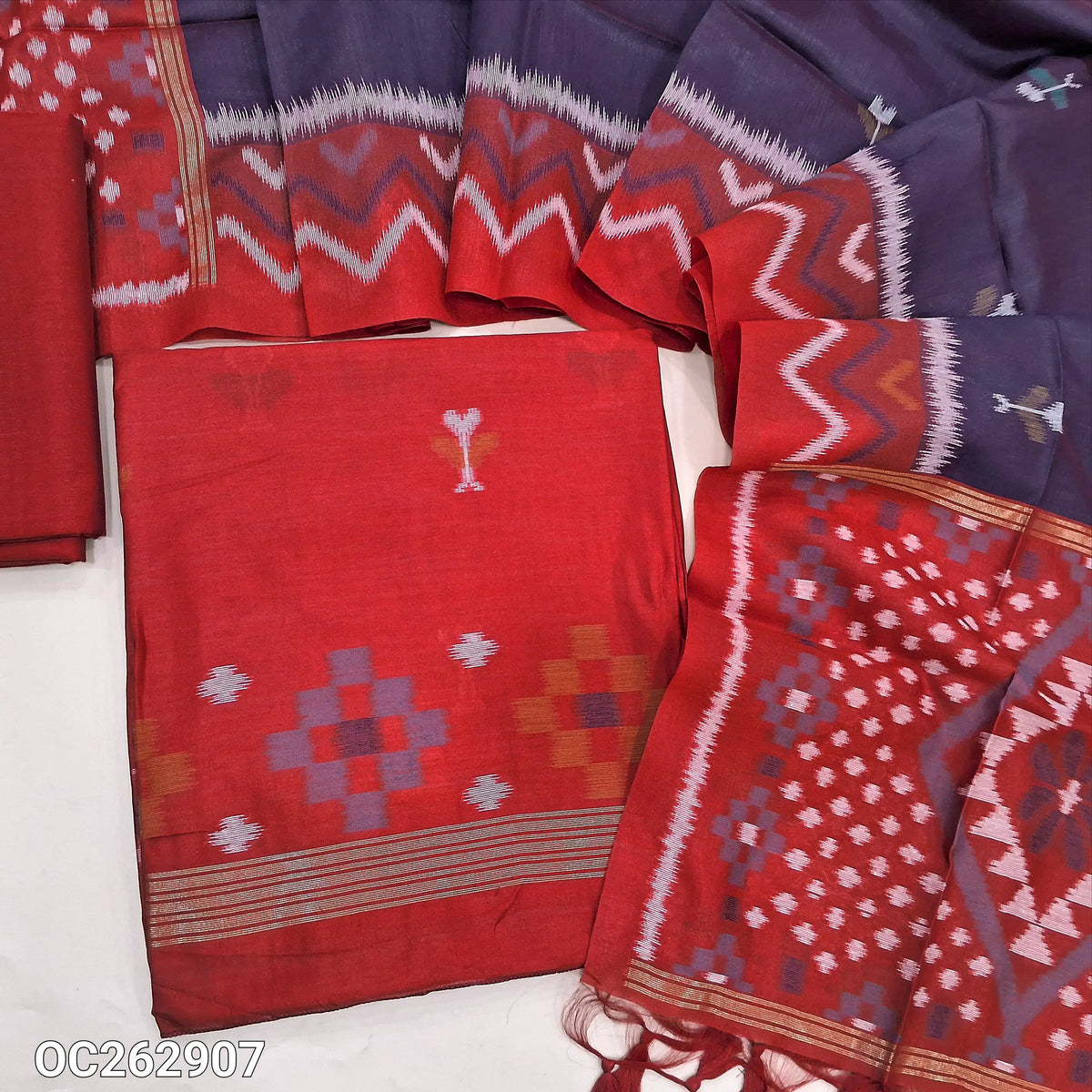 Bright red and dark blue soft silk cotton unstitched salwar material with thread weaving on front (Thin, Lining Needed) matching silk cotton bottom, dual shaded silk cotton dupatta with thread weaving. OC262907